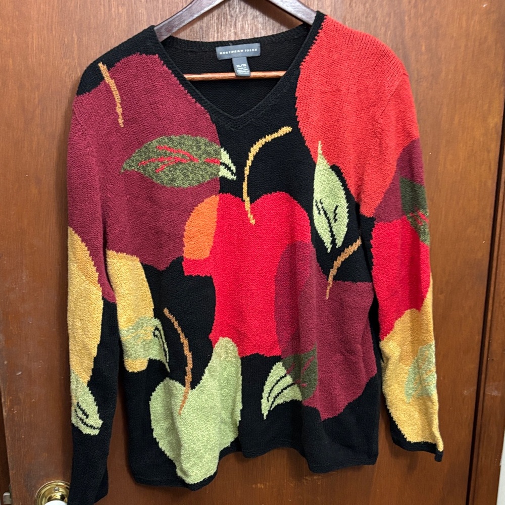 Northern Isles Black V-Neck Sweater with Multi Apple Motif